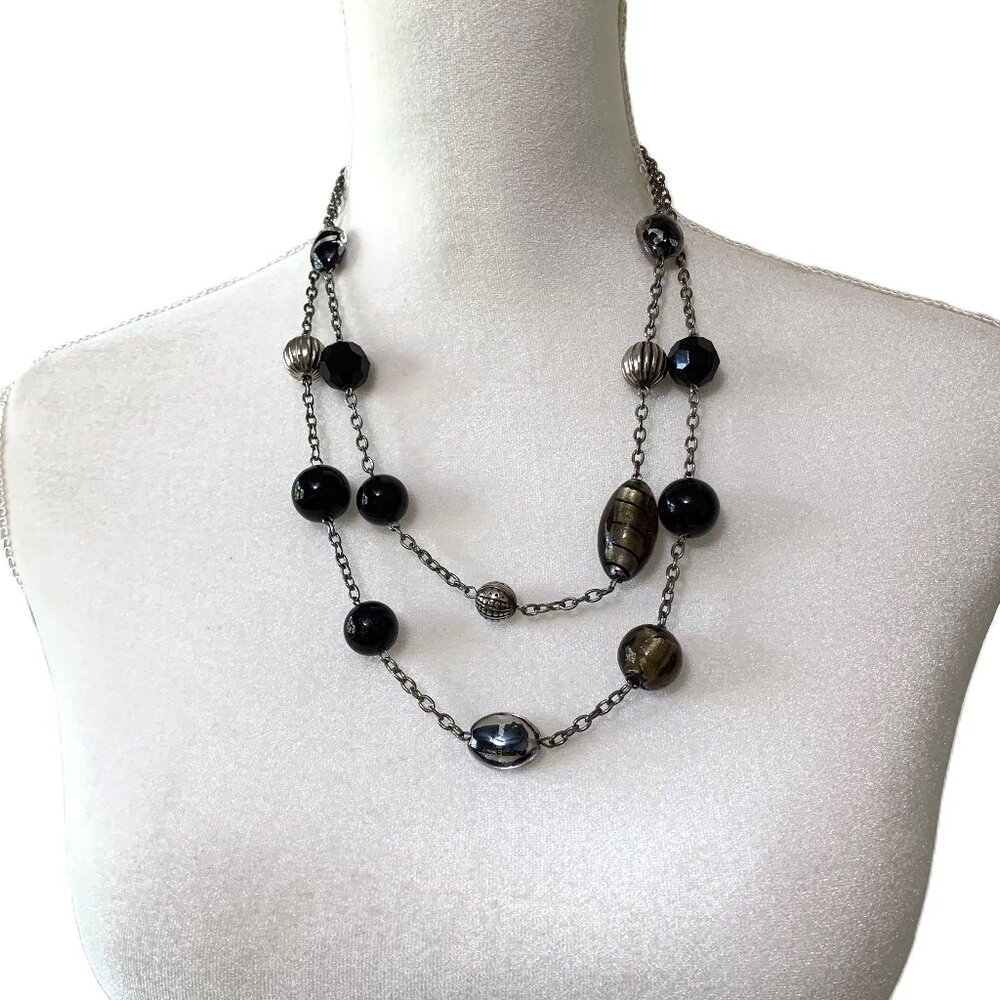 Glass Beads Necklace Double Strand Multi Beads Black Silver Tone Women’s